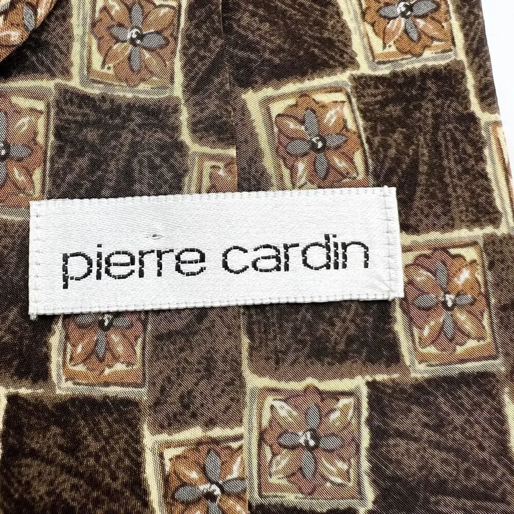 Pierre Cardin All Silk Tie Brown Blue Floral Check Pattern Made in USA